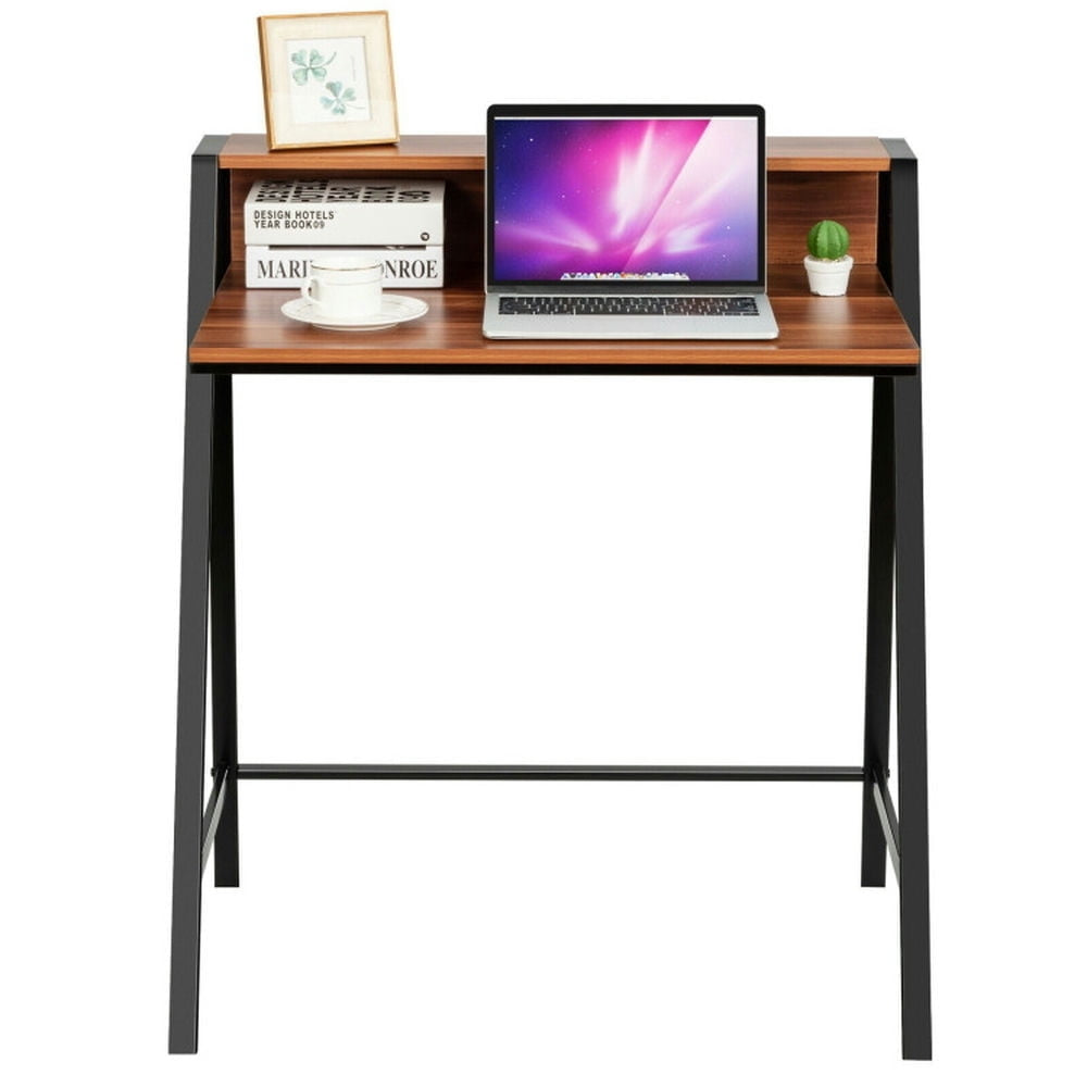 Hommoo 2 Tier Computer Desk PC Laptop Table Study Writing Home Office Workstation -Walnut Image 1