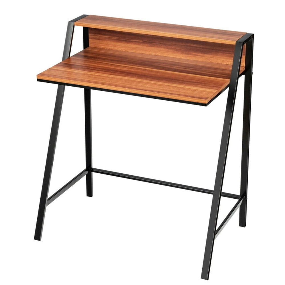 Hommoo 2 Tier Computer Desk PC Laptop Table Study Writing Home Office Workstation -Walnut Image 2