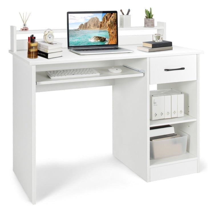 Hommoo Study Laptop Table with Drawer and Keyboard Tray-White, Home Office Desks, Gaming Computer Desks for Image 1