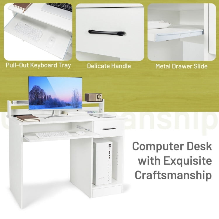 Hommoo Study Laptop Table with Drawer and Keyboard Tray-White, Home Office Desks, Gaming Computer Desks for Image 2