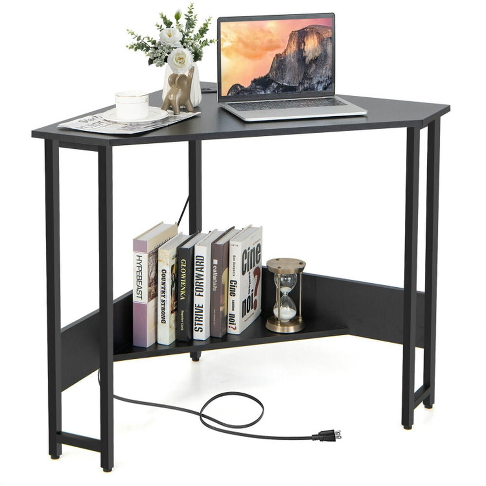 Hommoo Triangle Computer Corner Desk with Charging Station-Black, Home Office Desks, Gaming Computer Desks for Image 1