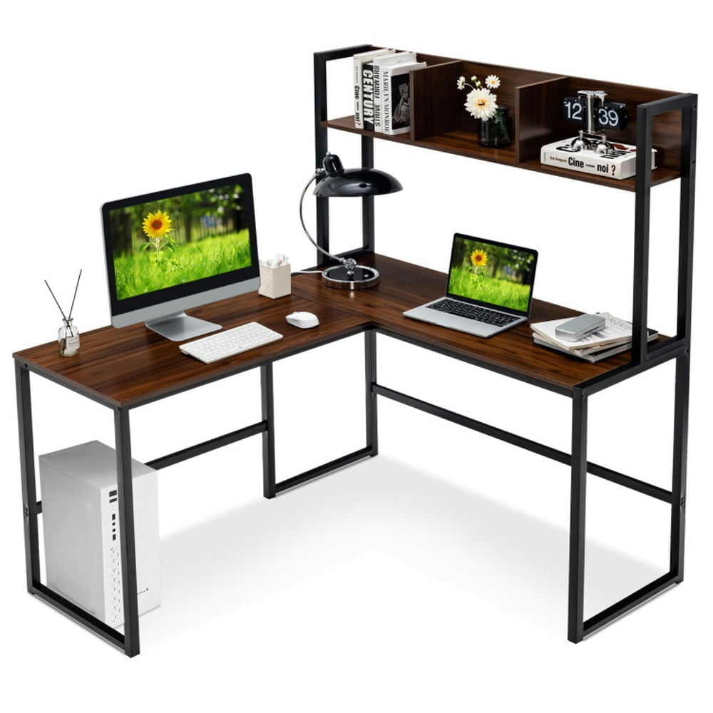 Hommoo Reversible L-Shaped Corner Desk with Storage Bookshelf-Walnut, Home Office Desks, Gaming Computer Desks for Image 1