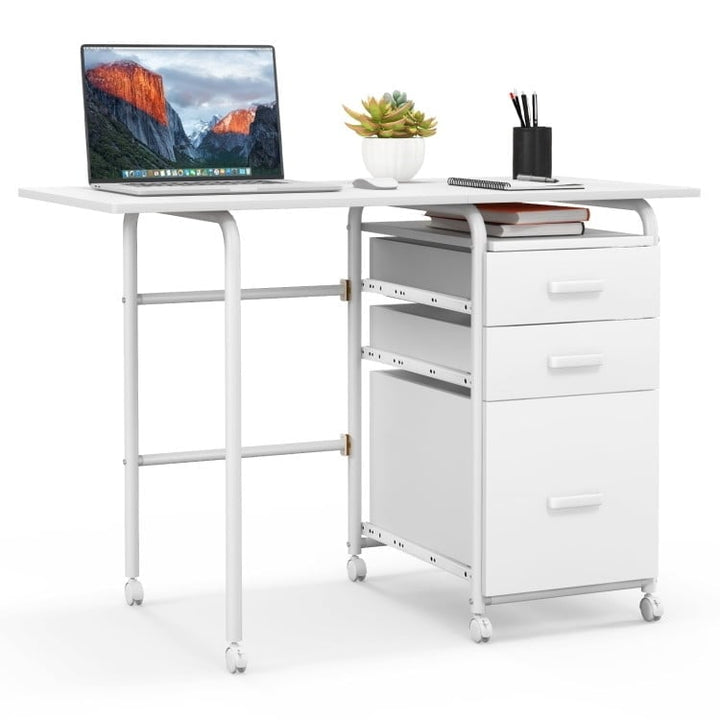 Hommoo Home Office Folding Computer Laptop Desk Wheeled with 3 Drawers-White, Gaming Computer Desks for Image 1