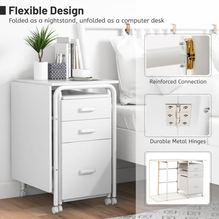 Hommoo Home Office Folding Computer Laptop Desk Wheeled with 3 Drawers-White, Gaming Computer Desks for Image 3