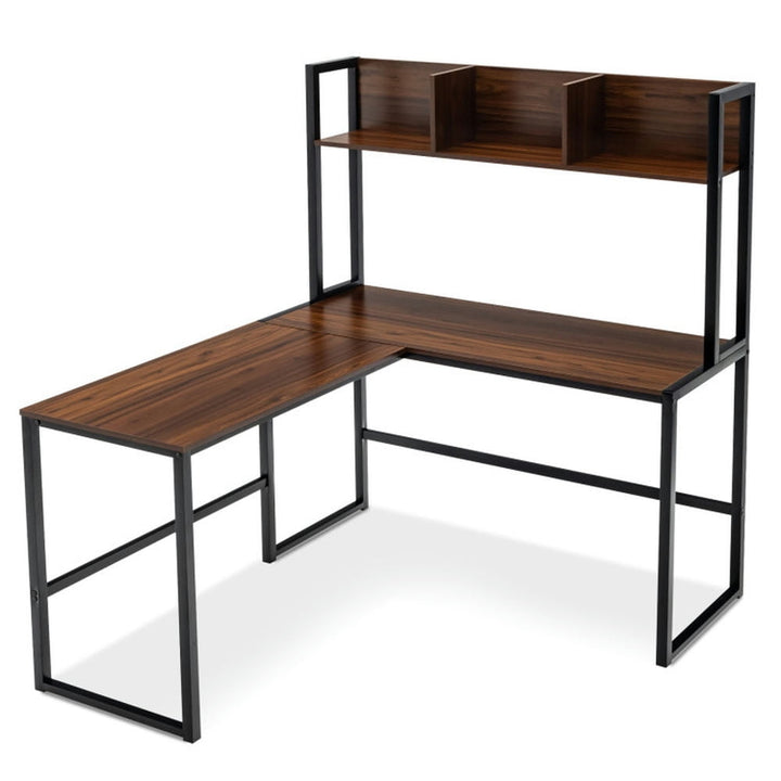 Hommoo Reversible L-Shaped Corner Desk with Storage Bookshelf-Walnut, Home Office Desks, Gaming Computer Desks for Image 3