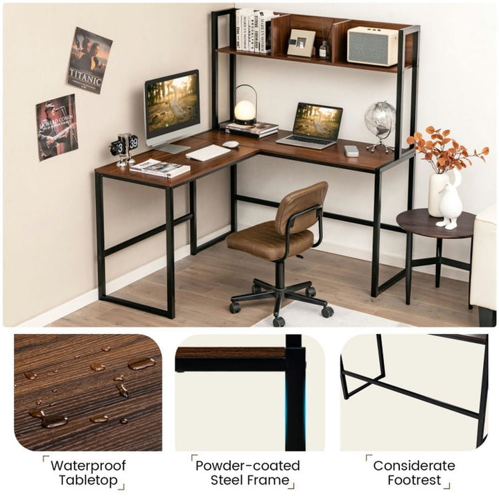 Hommoo Reversible L-Shaped Corner Desk with Storage Bookshelf-Walnut, Home Office Desks, Gaming Computer Desks for Image 6