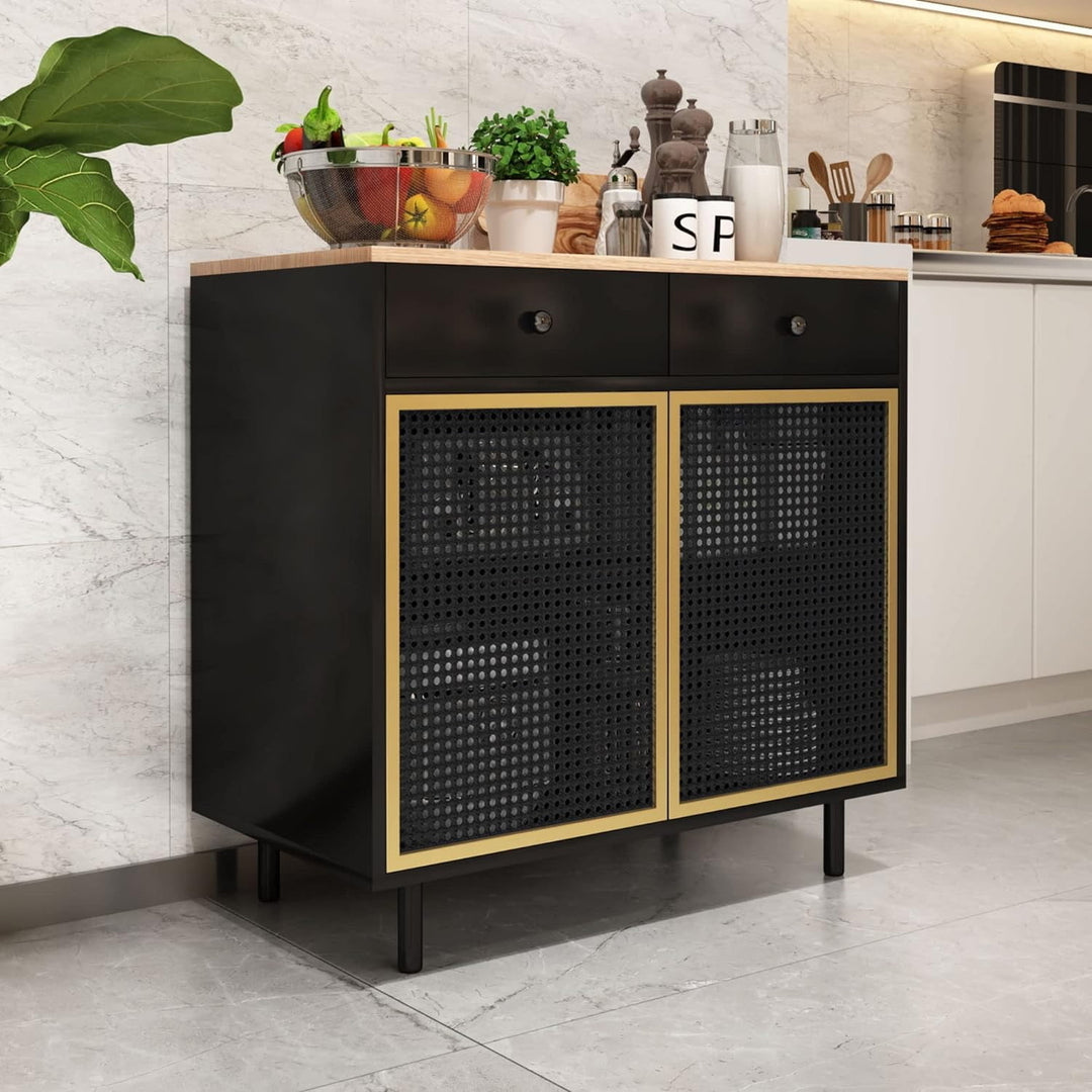 Hommoo Kitchen Cupboard, Modern Buffet Sideboard Cabinet, Iron Rattan Kitchen Accent Storage Cabinet Console Television Image 6