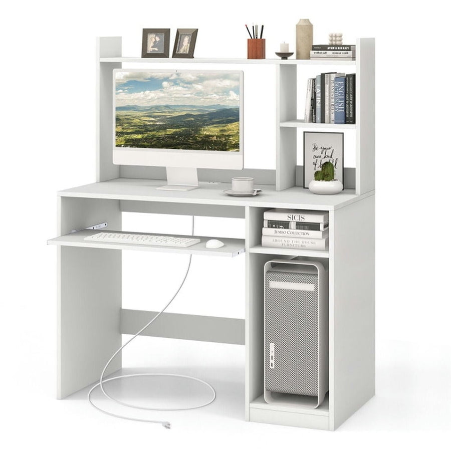 Hommoo Home Office Computer Desk with Bookcase Keyboard Tray and CPU Stand-White, Gaming Computer Desks for Image 1