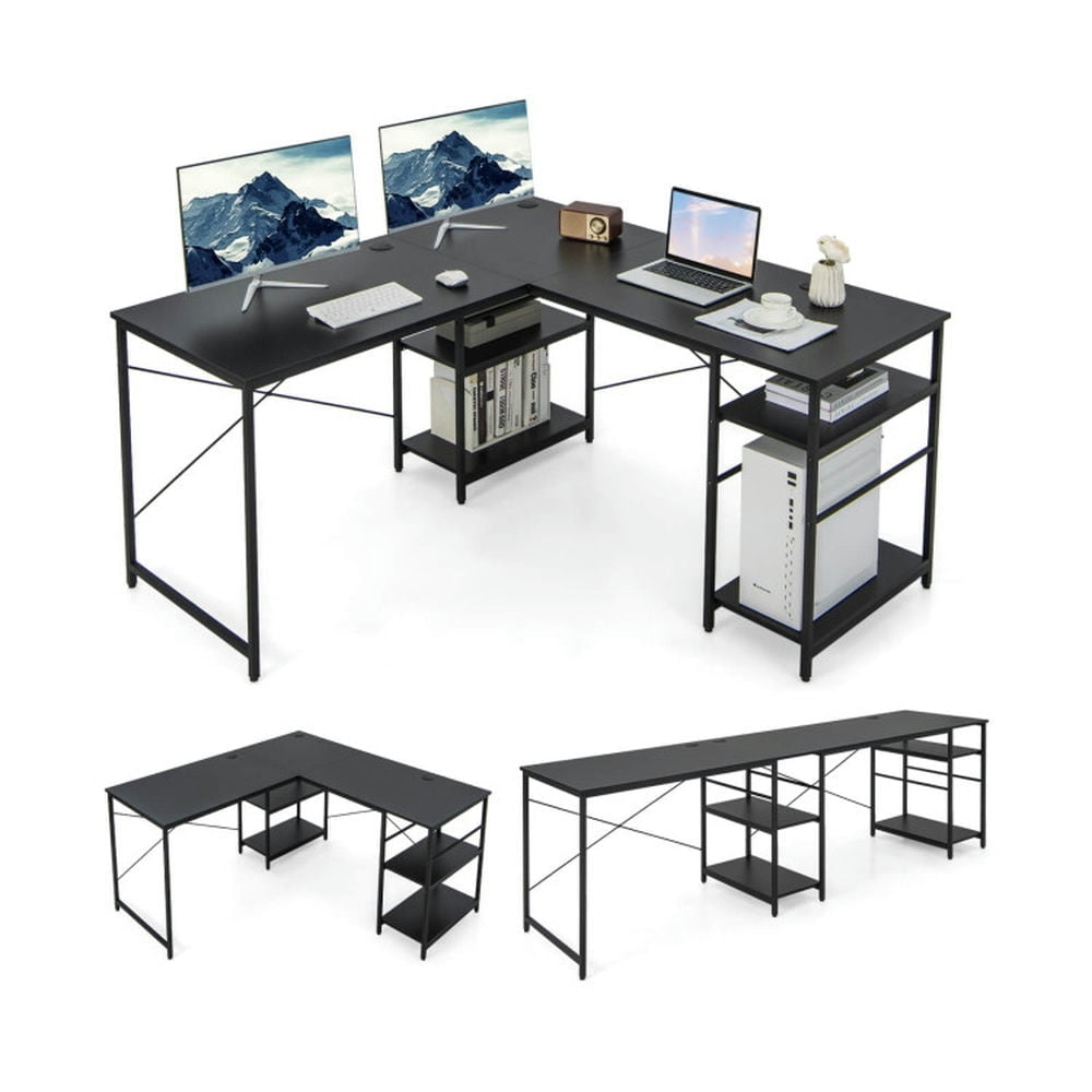 Hommoo L Shaped Computer Desk with 4 Storage Shelves and Cable Holes-Black, Gaming Computer Desks for Image 6