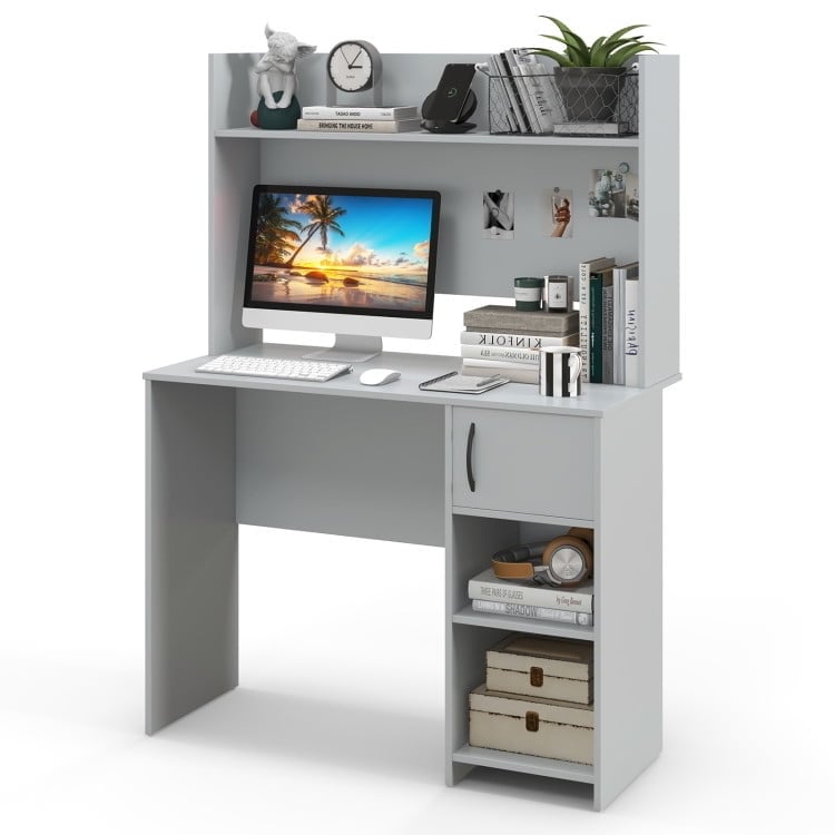 Hommoo Home Office Desk with Raised Display Shelf and 2 Open Shelves-Gray, Gaming Computer Desks for Image 1