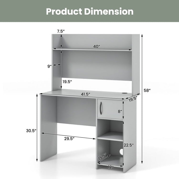 Hommoo Home Office Desk with Raised Display Shelf and 2 Open Shelves-Gray, Gaming Computer Desks for Image 2