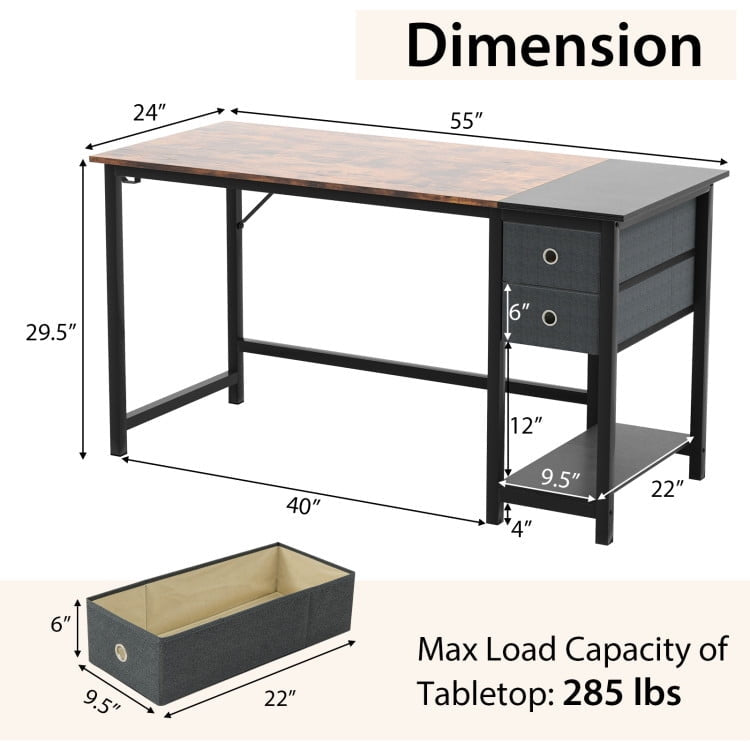 Hommoo 48/55-Inch Home Office Desk with 2 Drawers Hanging Hook-55 Inch, Home Office Desks, Gaming Computer Desks for Image 3