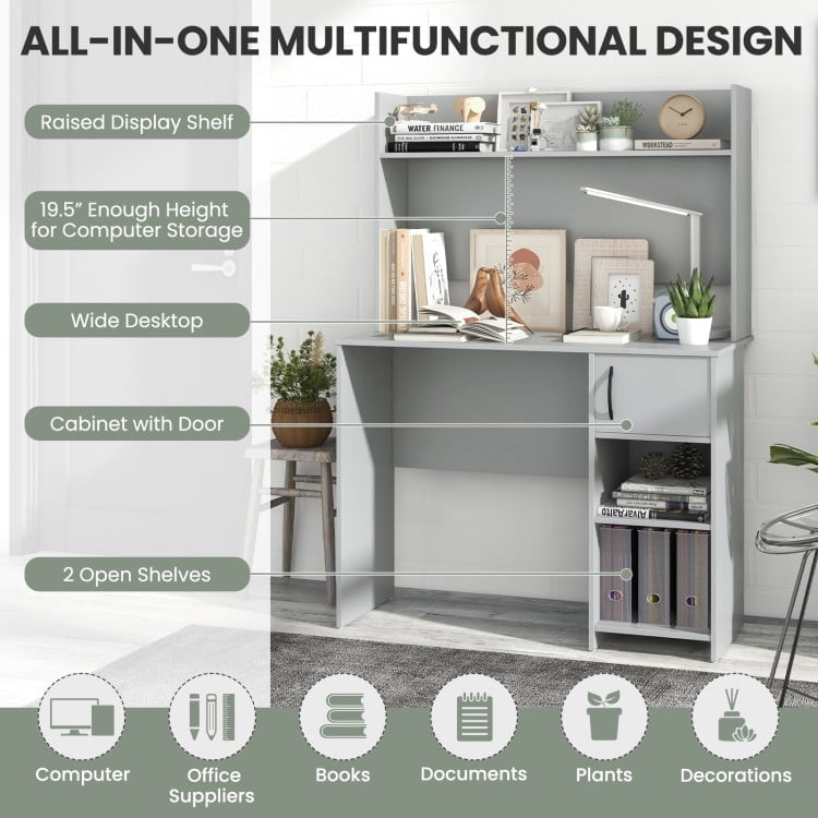 Hommoo Home Office Desk with Raised Display Shelf and 2 Open Shelves-Gray, Gaming Computer Desks for Image 4