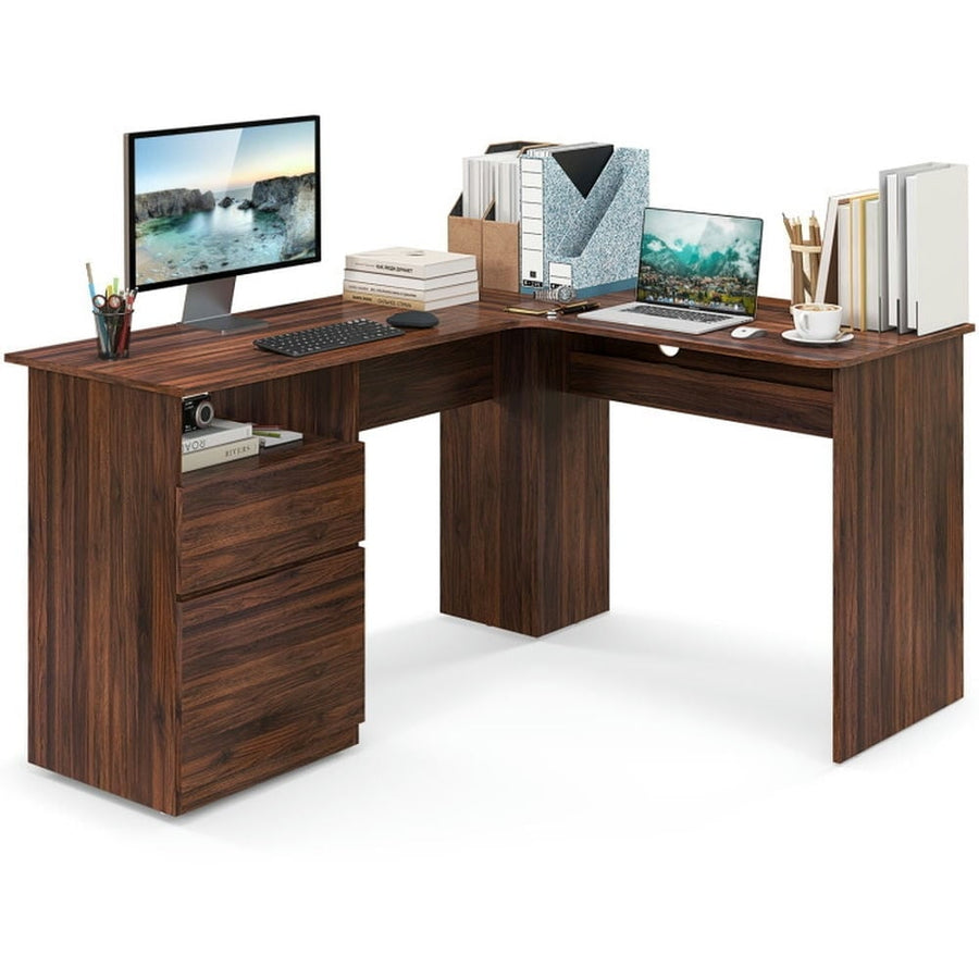 Hommoo L-Shaped Computer Desk with Letter File Drawer-Walnut, Home Office Desks, Gaming Computer Desks for Image 1