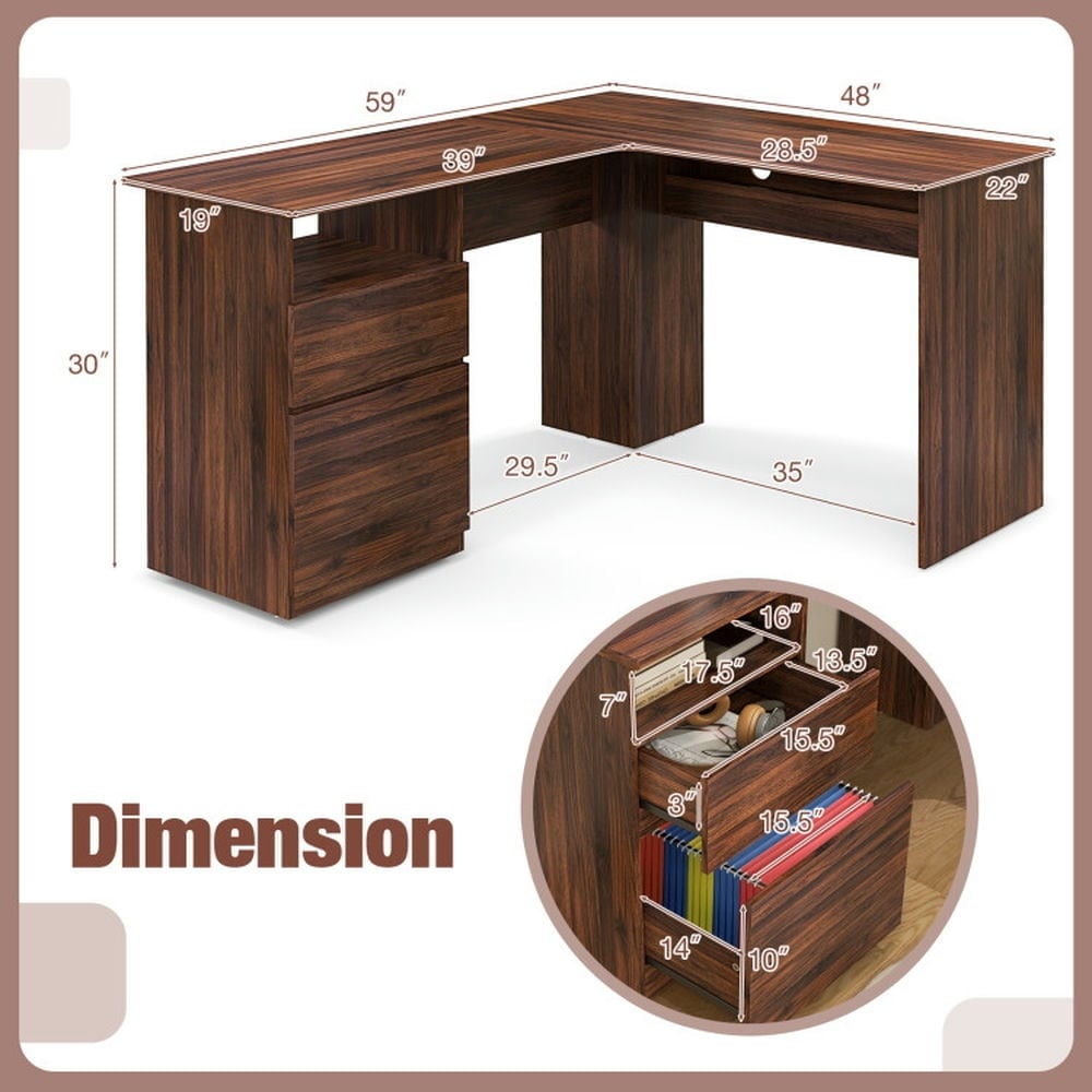 Hommoo L-Shaped Computer Desk with Letter File Drawer-Walnut, Home Office Desks, Gaming Computer Desks for Image 2