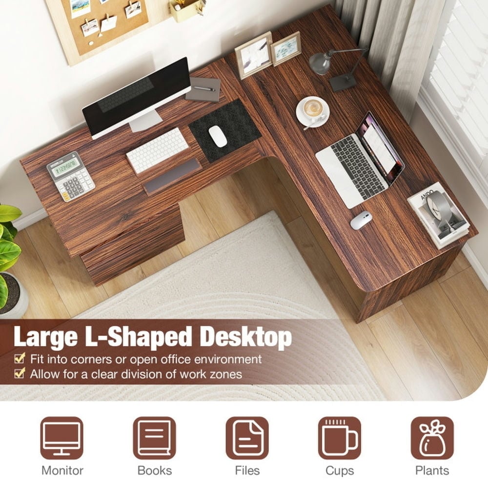 Hommoo L-Shaped Computer Desk with Letter File Drawer-Walnut, Home Office Desks, Gaming Computer Desks for Image 3