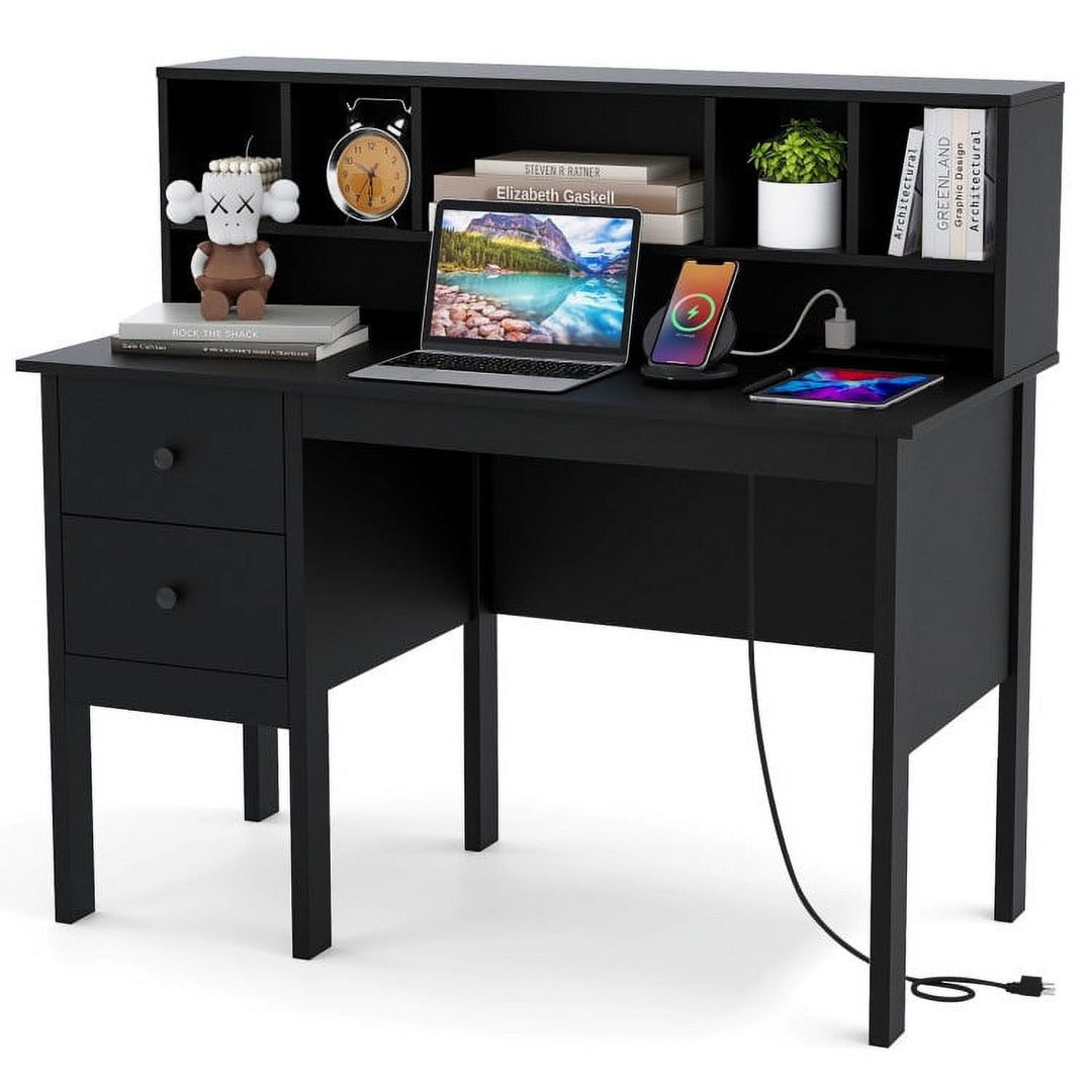 Hommoo 48 Inch Computer Desk with Drawers Power Outlets-Black, Home Office Desks, Gaming Computer Desks for Image 1