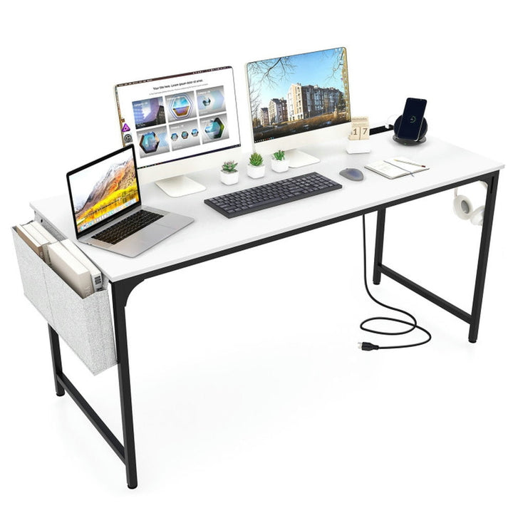 Hommoo 60 Inch Computer Desk with Charging Station Storage Bag-White, Home Office Desks, Gaming Computer Desks for Image 1