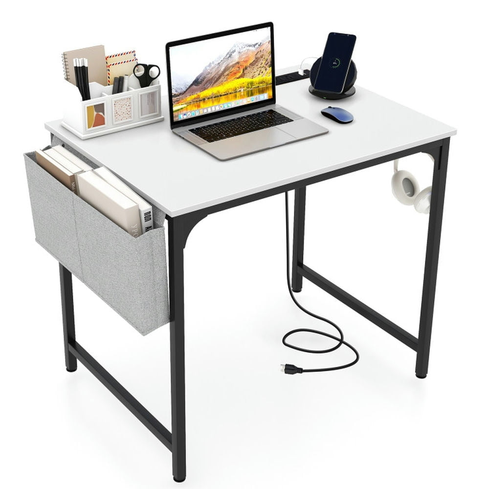 Hommoo 32 Inch Computer Desk Small Home Office Desk with Charging Station-White, Gaming Computer Desks for Image 1