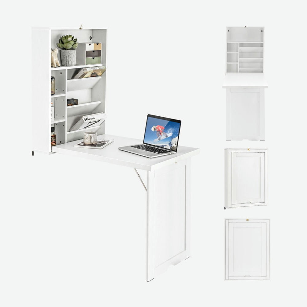 Hommoo Wall Mounted Fold-Out Convertible Floating Desk Space Saver-White Image 2