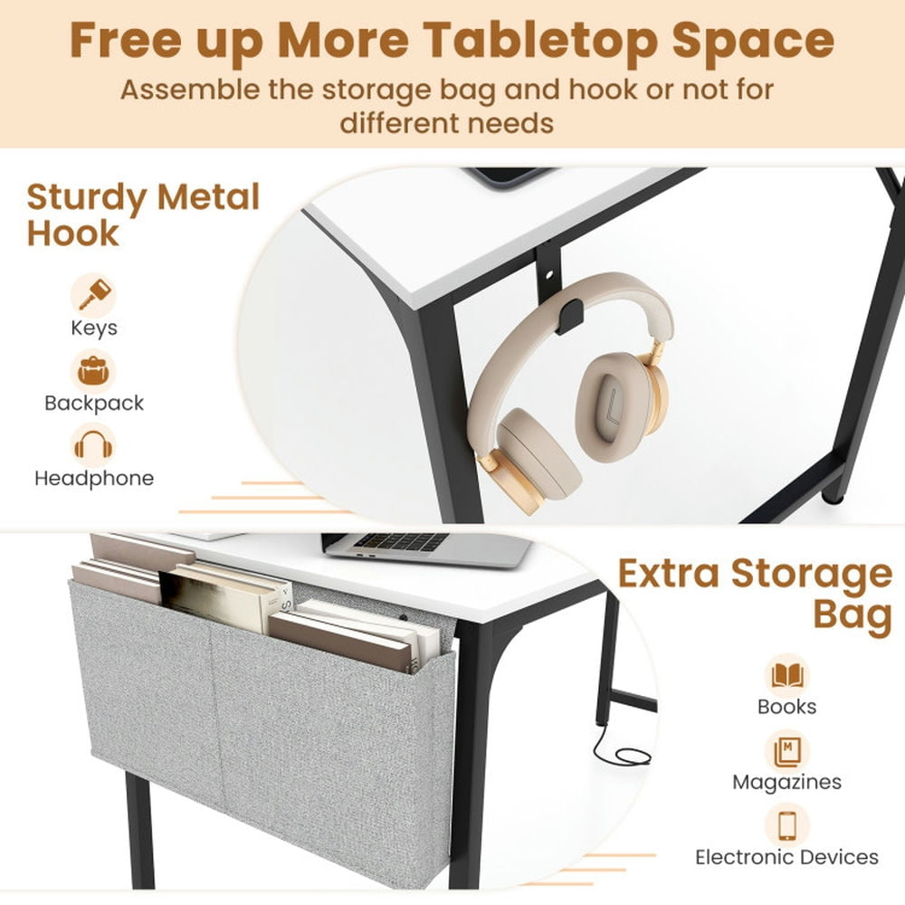 Hommoo 32 Inch Computer Desk Small Home Office Desk with Charging Station-White, Gaming Computer Desks for Image 4