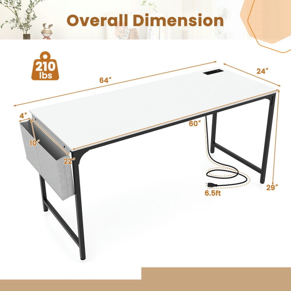 Hommoo 60 Inch Computer Desk with Charging Station Storage Bag-White, Home Office Desks, Gaming Computer Desks for Image 4