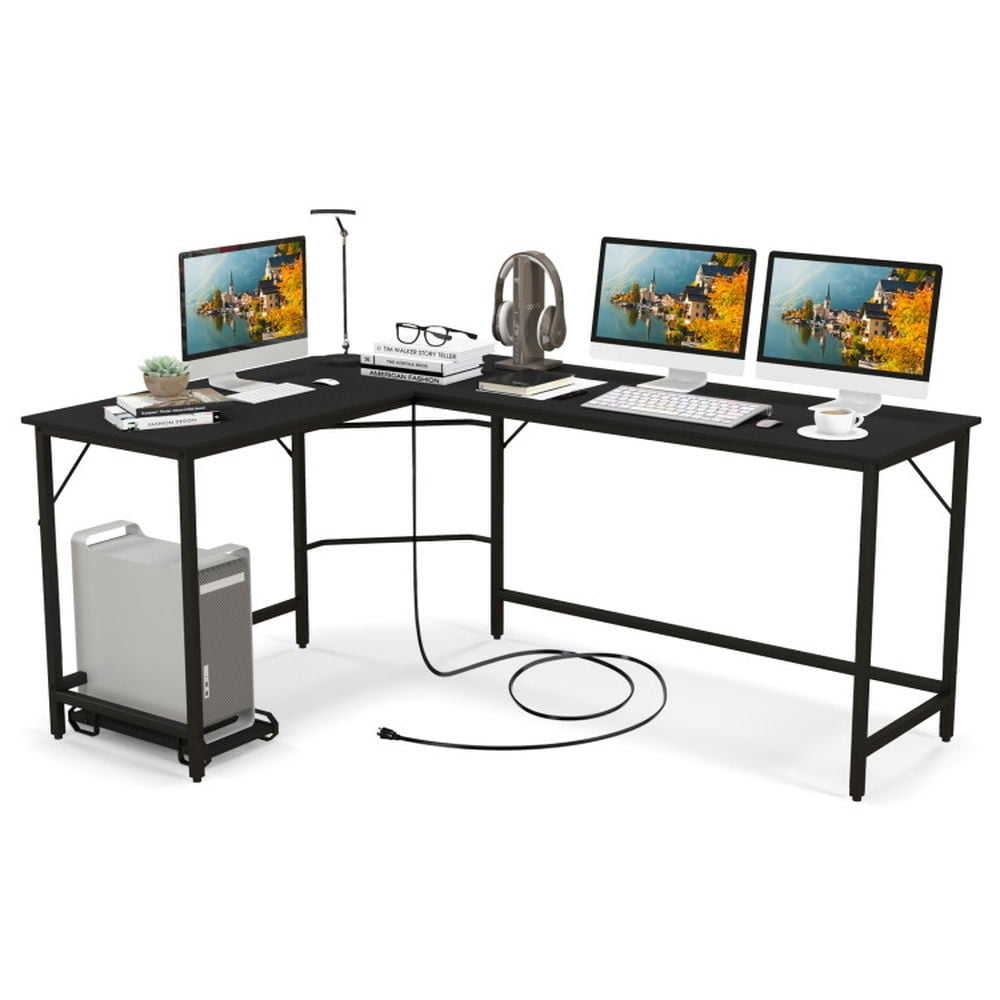 Hommoo L-Shaped Computer Desk with CPU Stand Power Outlets and USB Ports-Black, Gaming Computer Desks for Image 1