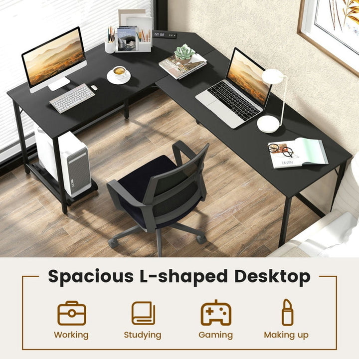 Hommoo L-Shaped Computer Desk with CPU Stand Power Outlets and USB Ports-Black, Gaming Computer Desks for Image 2