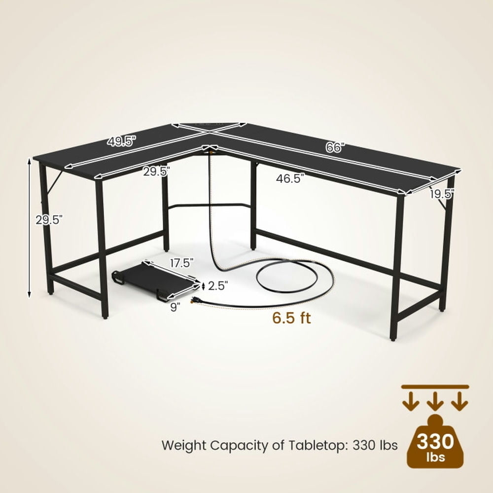 Hommoo L-Shaped Computer Desk with CPU Stand Power Outlets and USB Ports-Black, Gaming Computer Desks for Image 5