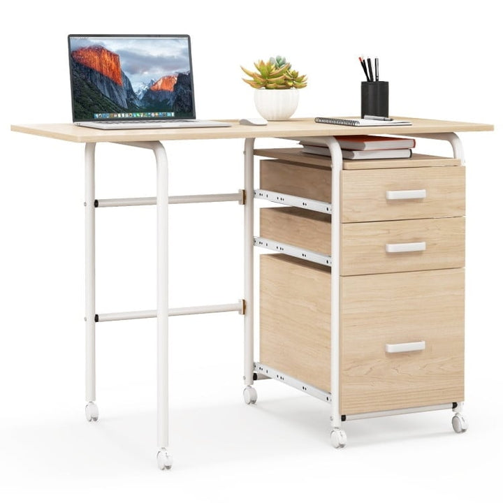 Hommoo Folding Computer Laptop Desk Wheeled Home Office Furniture-Natural, Gaming Computer Desks for Image 1