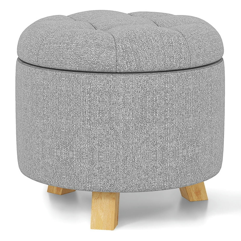 Hommoo Upholstered Round Ottoman with Solid Rubber Feet-Gray, Modern Decorative Foot Rest for Makeup, Bedroom,Side Table Image 1