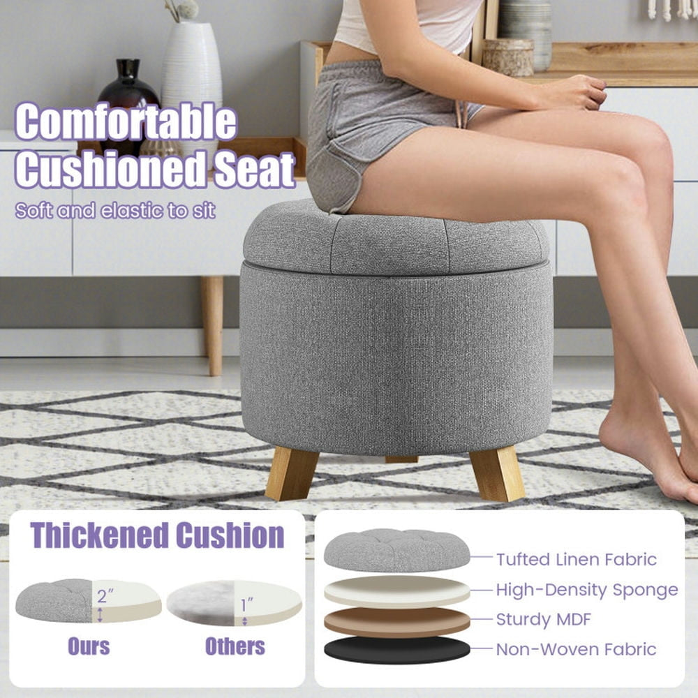 Hommoo Upholstered Round Ottoman with Solid Rubber Feet-Gray, Modern Decorative Foot Rest for Makeup, Bedroom,Side Table Image 3