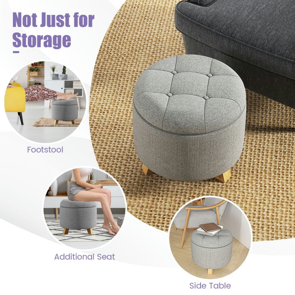 Hommoo Upholstered Round Ottoman with Solid Rubber Feet-Gray, Modern Decorative Foot Rest for Makeup, Bedroom,Side Table Image 4