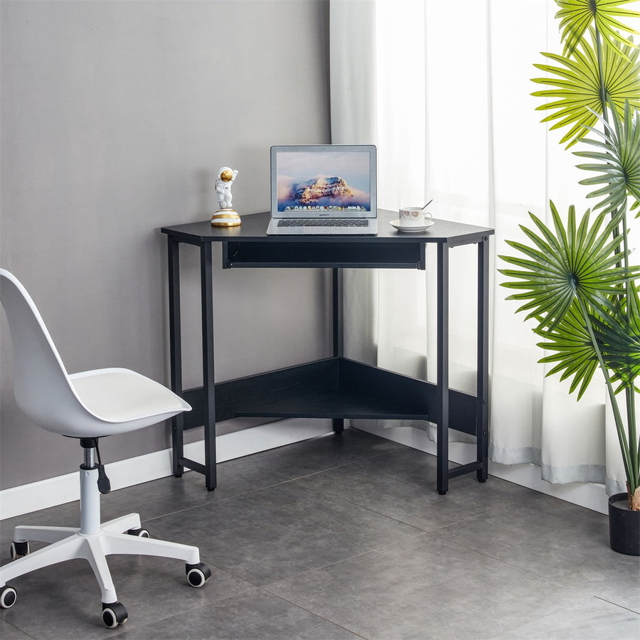 Hommoo Corner Computer Desk, Writing Desk with Shelves for Compact Home Office - Black Image 1