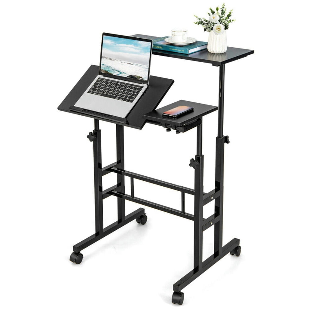 Hommoo Standing Desk,Stand up Table, Home Office Desk,Mobile Stand up Computer Desk with 2 Tilting Desktops-Black Image 1