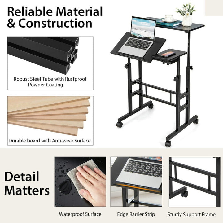 Hommoo Standing Desk,Stand up Table, Home Office Desk,Mobile Stand up Computer Desk with 2 Tilting Desktops-Black Image 4