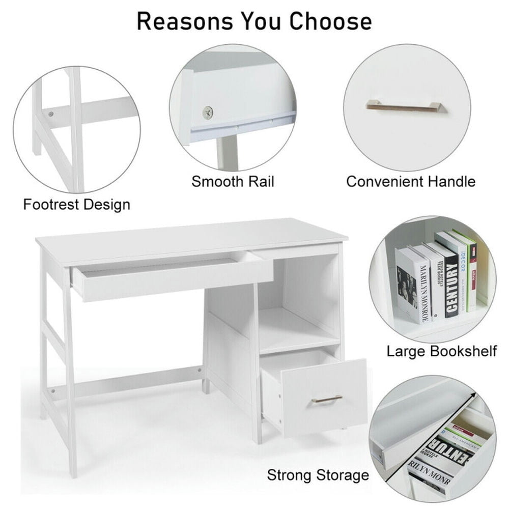 Hommoo 47.5 Inch Modern Home Computer Desk with 2 Storage Drawers-White, Home Office Desks, Gaming Computer Desks for Image 6