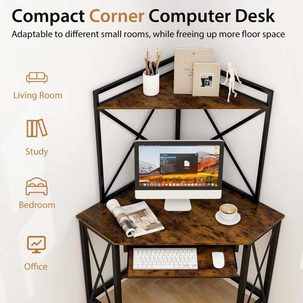 Hommoo Space-Saving Corner Computer Desk with with Hutch and Keyboard Tray-Rust Brown, Gaming Computer Desks for Image 4