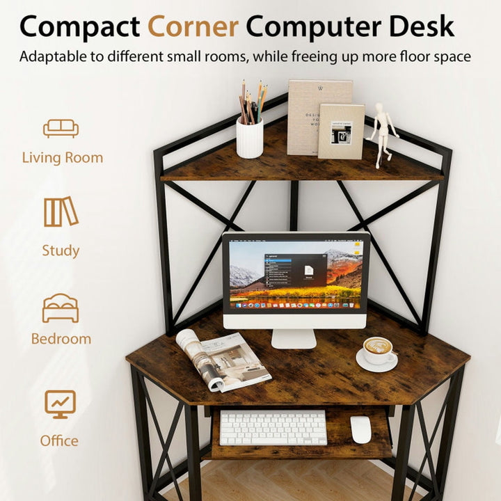 Hommoo Space-Saving Corner Computer Desk with with Hutch and Keyboard Tray-Rust Brown, Gaming Computer Desks for Image 4