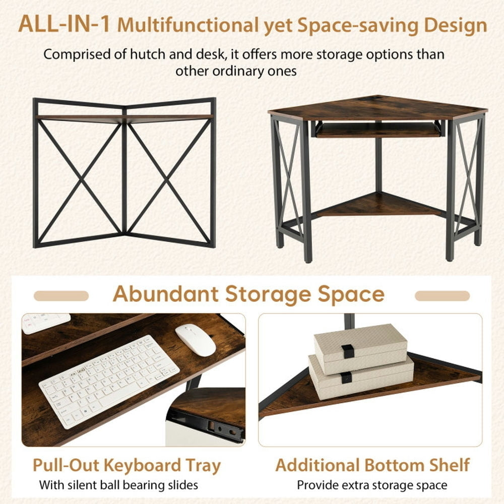 Hommoo Space-Saving Corner Computer Desk with with Hutch and Keyboard Tray-Rust Brown, Gaming Computer Desks for Image 5