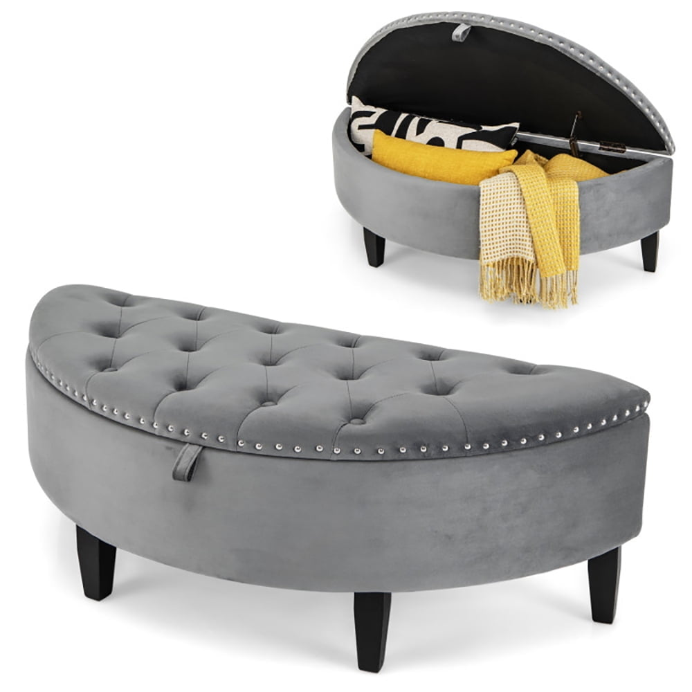 Hommoo Half Moon Storage Bench with Rubber Wood Legs-Gray, for Entryway, Bedroom, and Living Room Image 2