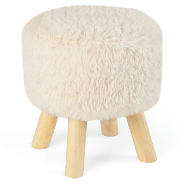 Hommoo Round Footstool Ottoman Faux faux Footrest with Padded Seat and Rubber Wood Legs-White Image 1