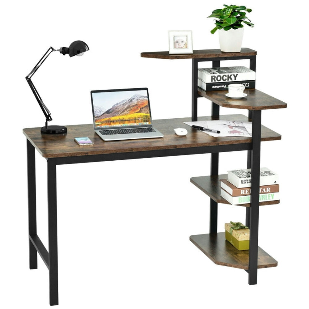 Hommoo Computer Desk Writing Study Table with Storage Shelves Home Office Rustic Brown-Rustic Brown Image 1