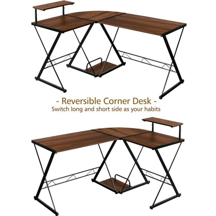 Hommoo L-Shaped Desk Reversible Corner Computer Desk with Movable Shelf and CPU Stand-Walnut Image 2