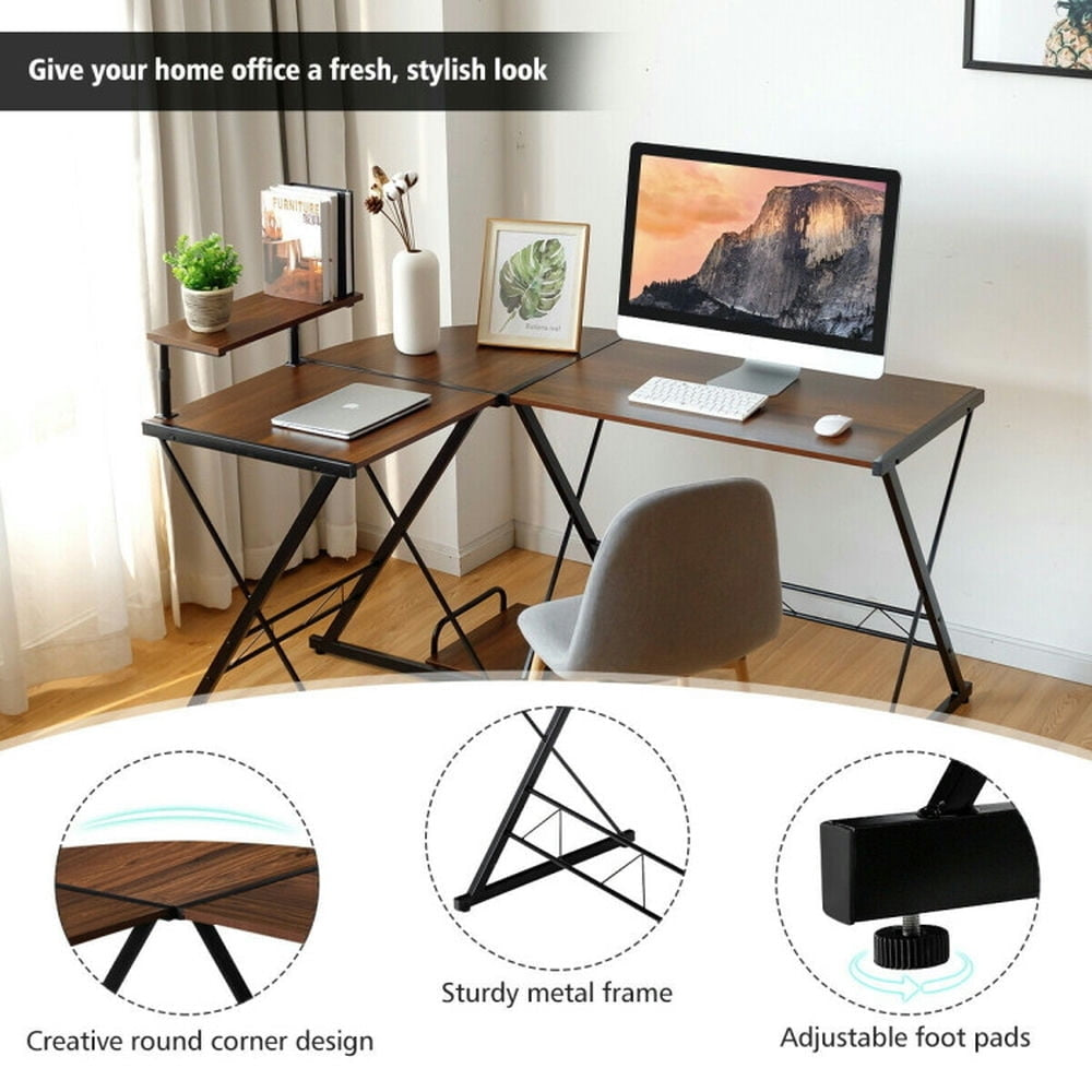 Hommoo L-Shaped Desk Reversible Corner Computer Desk with Movable Shelf and CPU Stand-Walnut Image 6