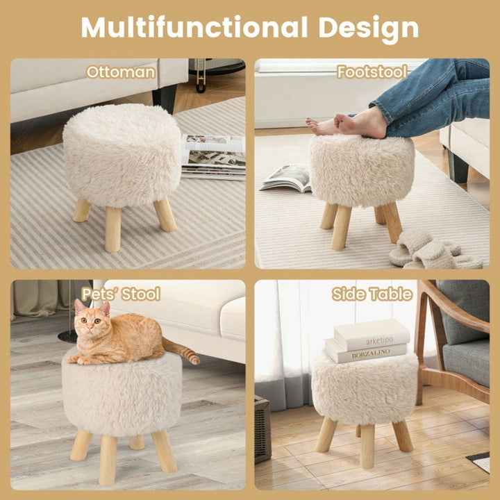 Hommoo Round Footstool Ottoman Faux faux Footrest with Padded Seat and Rubber Wood Legs-White Image 3