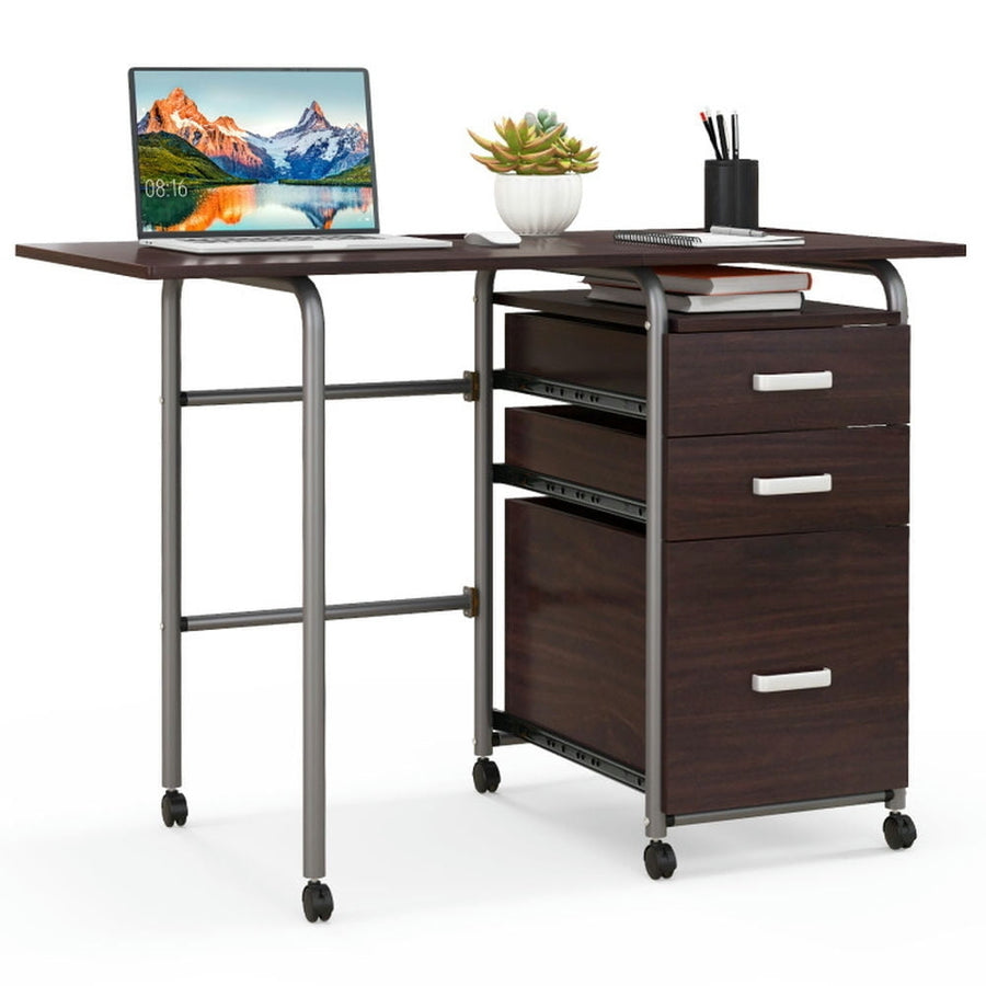 Hommoo Folding Computer Laptop Desk Wheeled Home Office Furniture-Brown, Home Office Desks, Gaming Computer Desks for Image 1