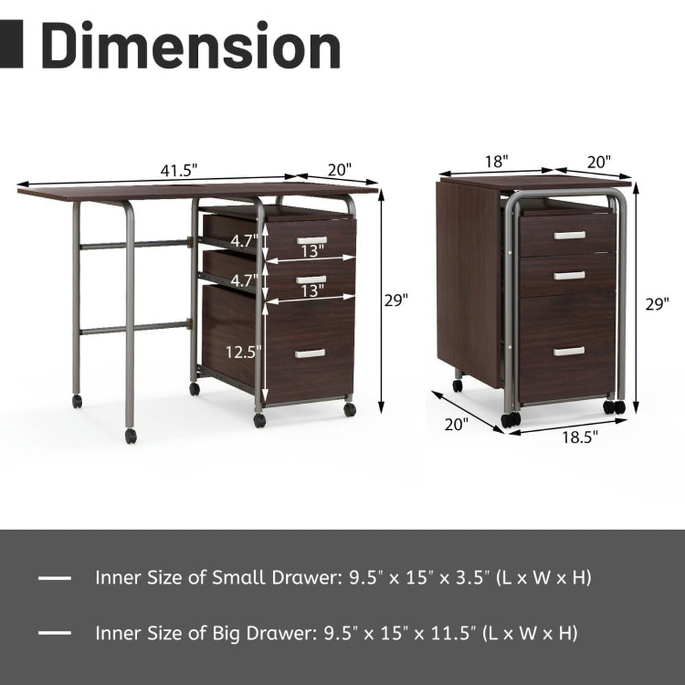 Hommoo Folding Computer Laptop Desk Wheeled Home Office Furniture-Brown, Home Office Desks, Gaming Computer Desks for Image 2