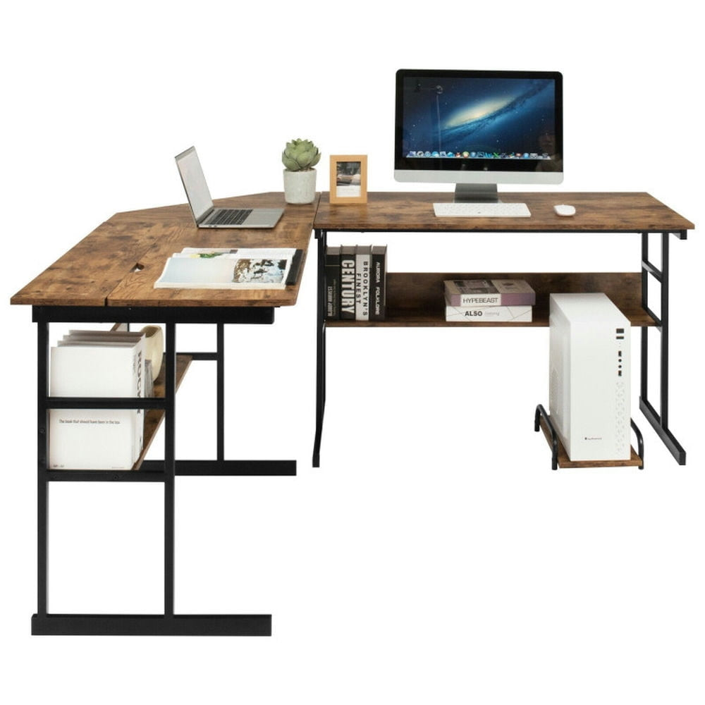 Hommoo L-Shaped Computer Desk with Tiltable Tabletop-Rustic Brown, Home Office Desks, Gaming Computer Desks for Image 1