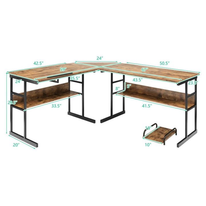 Hommoo L-Shaped Computer Desk with Tiltable Tabletop-Rustic Brown, Home Office Desks, Gaming Computer Desks for Image 2